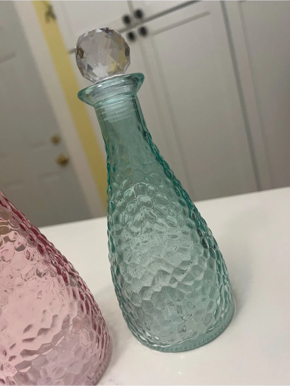 Set 2. Decorative Glass Hammered with Faceted Stopper - Pink and Aqua